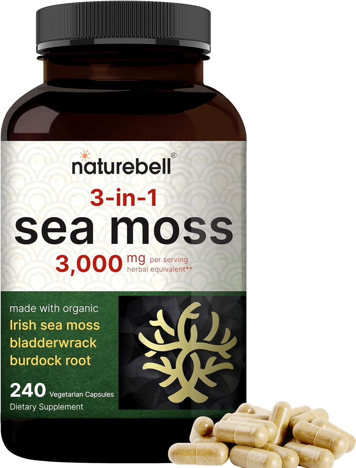 Irish Sea Moss Capsules, 3,000Mg Per Serving, 240 Veggie Pills | Made With Organic Raw Powder, Plus Bladderwrack & Burdock Root, Sea Vegetable Complex – Immune & Thyroid Superfood Support – Non-Gmo