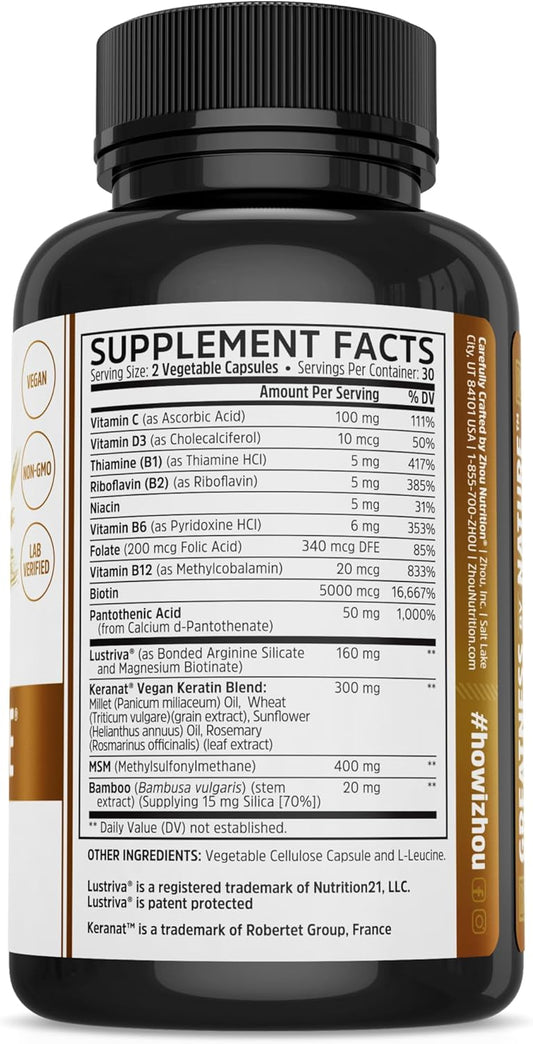 Zhou Hairfluence, Hair Growth Supplement With Clinically Studied Lustriva And Keranat And Hair Vitamins Biotin 5000Mcg, Vitamin D, A, C & B12, Non-Gmo, Gluten Free, 60 Vegcaps