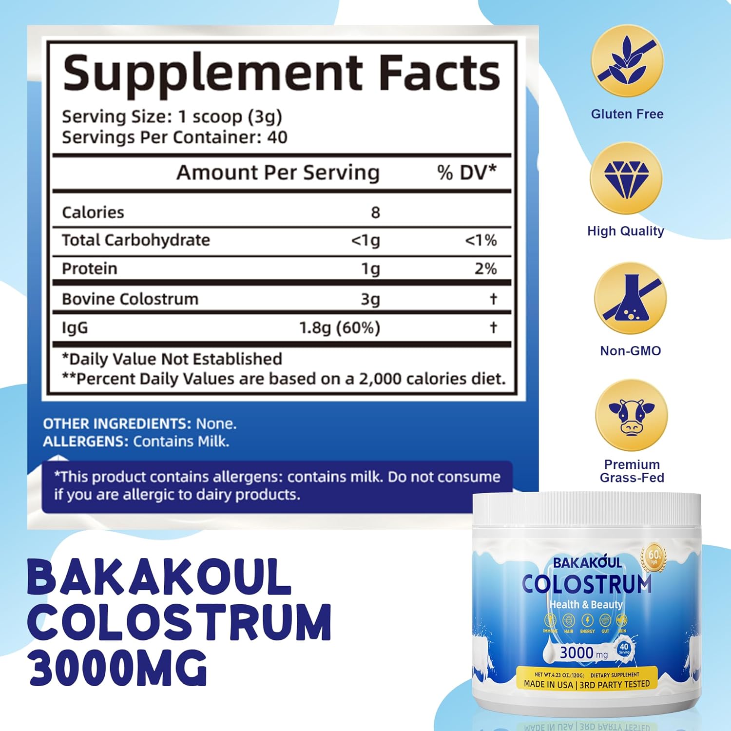 Bakakoul Bovine Colostrum Supplement Powder - 60% Igg 3000 Mg Bovine Colostrum - Gut, Hair Growth, Exercise, Immune, Beauty -Easy To Mix, Unflavored 40 Servings (1 Bottle) : Health & Household