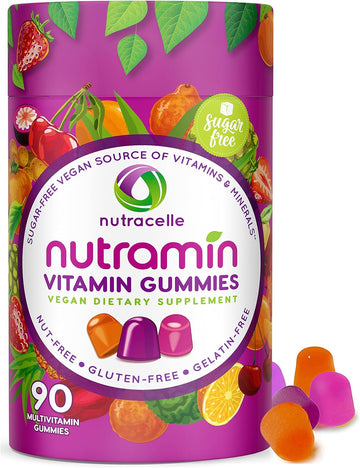 NUTRAMIN Daily Vegan Keto Multivitamin Gummies Vitamin C, D2, and Zinc for Immunity, Plant-Based, Sugar-Free, Nut-Free, Gluten-Free, with Biotin, Vitamin A, B, B6, B12 & More 90 Count, 45 Days