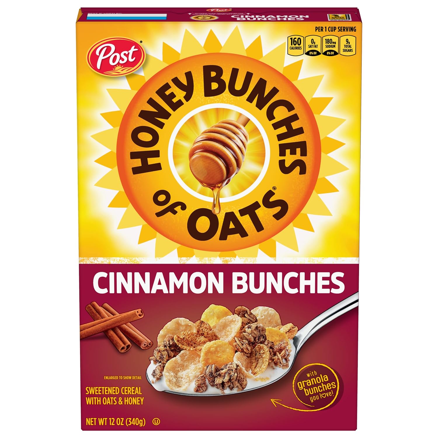 Honey Bunches of Oats Cinnamon Bunches, Heart Healthy, Low Fat, made with Whole Grain Cereal, 12 Ounce