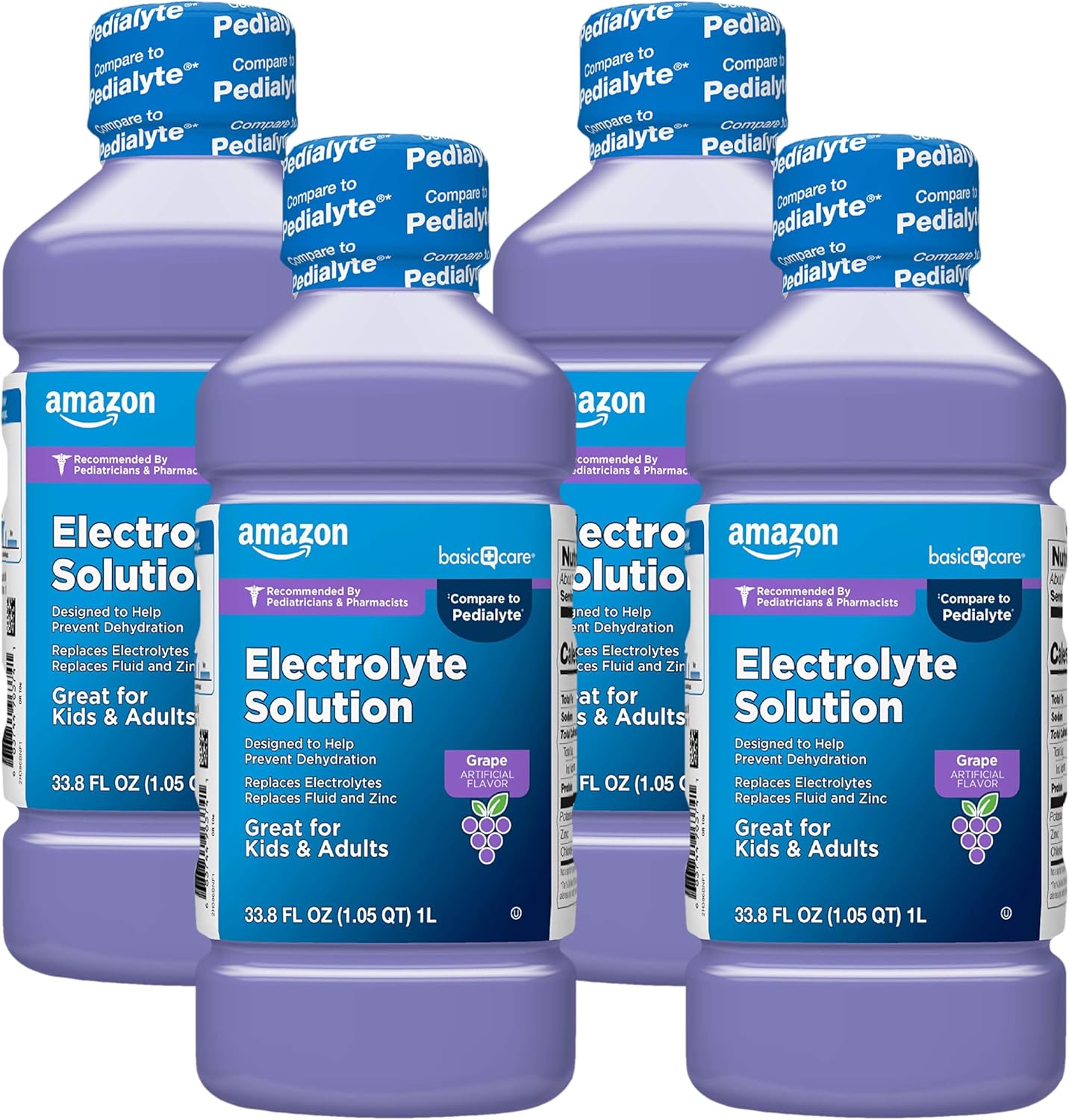 Amazon Basic Care Pediatric Electrolyte Solution, Grape Flavor, Helps Prevent Dehydration, Replaces Electrolytes, Fluid And Zinc, For Kids And Adults, 33.8 Fl Oz (Pack Of 4)