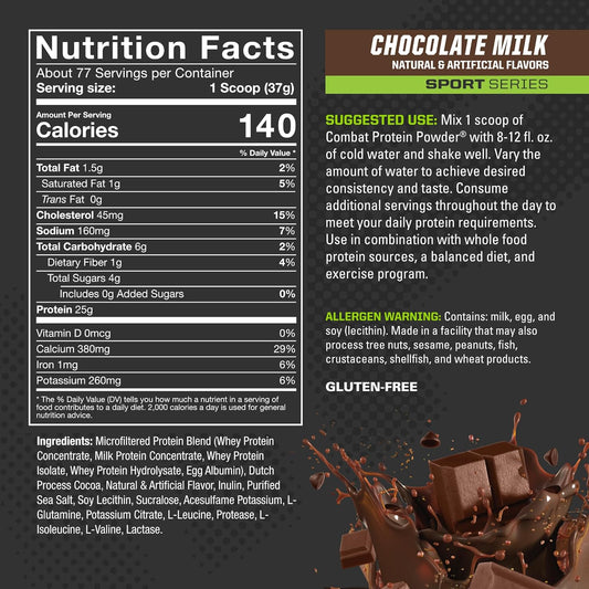 MusclePharm Combat Protein Powder, Chocolate Milk - 6.2 lb - Gluten Fr