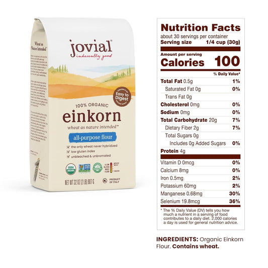 Jovial Einkorn 100% Organic Einkorn All Purpose Flour - Baking Flour, High Protein, Non-Gmo, Usda Certified Organic, Unbleached Flour, Product Of Italy, Organic All Purpose Flour - 32 Oz