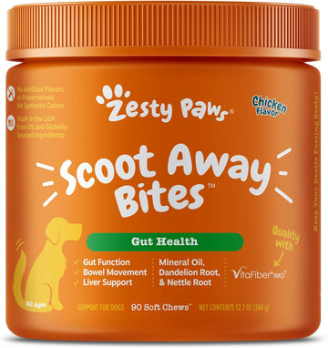 Zesty Paws Scoot Away Soft Chews - Healthy Bowel Function With Bromelain, Vita Fiber For Dogs, & Dandelion Root For Dog Digestive Support And Gut Health - 90 Soft Chews