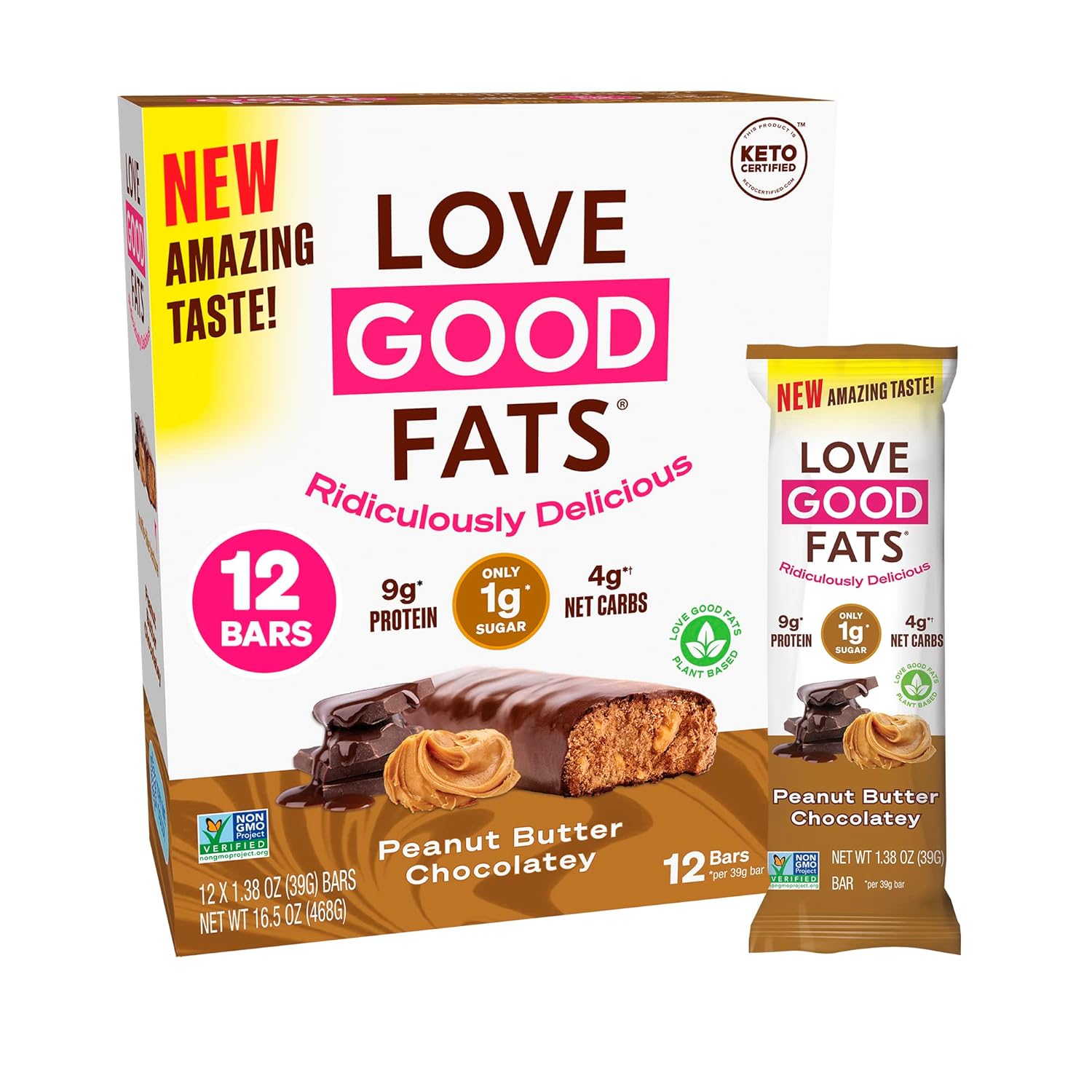 Love Good Fats Keto Bars, Truffle Peanut Butter Chocolate - Plant-Based Protein Snack, Low Carb, Low Sugar, Gluten Free, Non GMO, 12 Pack