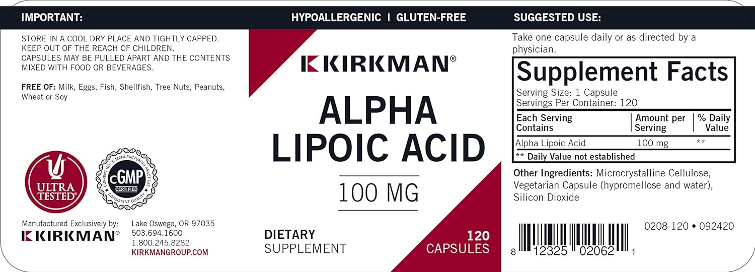 Kirkman Alpha Lipoic Acid 100 mg - Hypoallergenic | 120 Vegetarian Capsules : Health & Household
