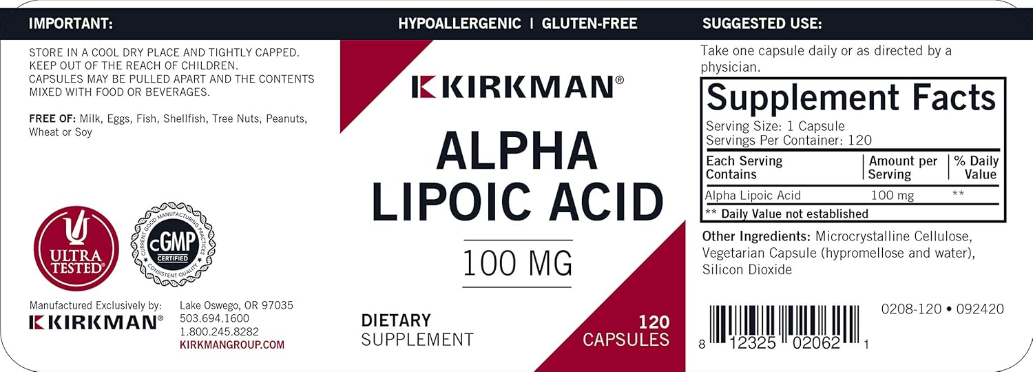 Kirkman Alpha Lipoic Acid 100 mg - Hypoallergenic | 120 Vegetarian Capsules : Health & Household