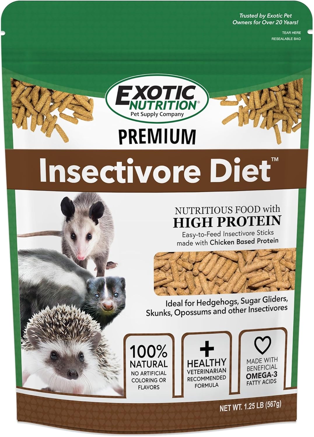 Premium Insectivore Diet (1.25Lb) - Healthy Nutritious Chicken Based High Protein Pellet Diet - For Sugar Gliders, Hedgehogs, Opossums, Skunks & Other Insectivores