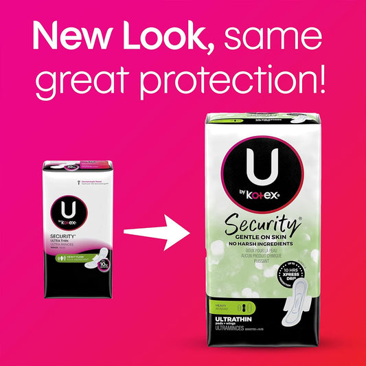 U by Kotex Security Ultra Thin Feminine Pads with Wings, Heavy Absorbency, Unscented, 32 Count