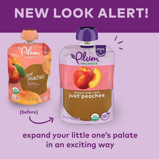 Plum Organics | Stage 1 | Organic Baby Food Meals [4+ Months] | Peach Puree | 3.5 Ounce Pouch (Pack Of 6) Packaging May Vary