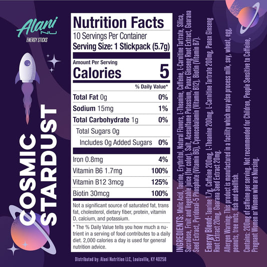 Alani Nu Cosmic Stardust Energy Sticks | Energy Drink Powder | 200Mg Caffeine | Pre Workout Performance With Antioxidants | On-The-Go Drink Mix | Biotin, B Vitamins | Zero Sugar | 5 Calories | 10 Pack