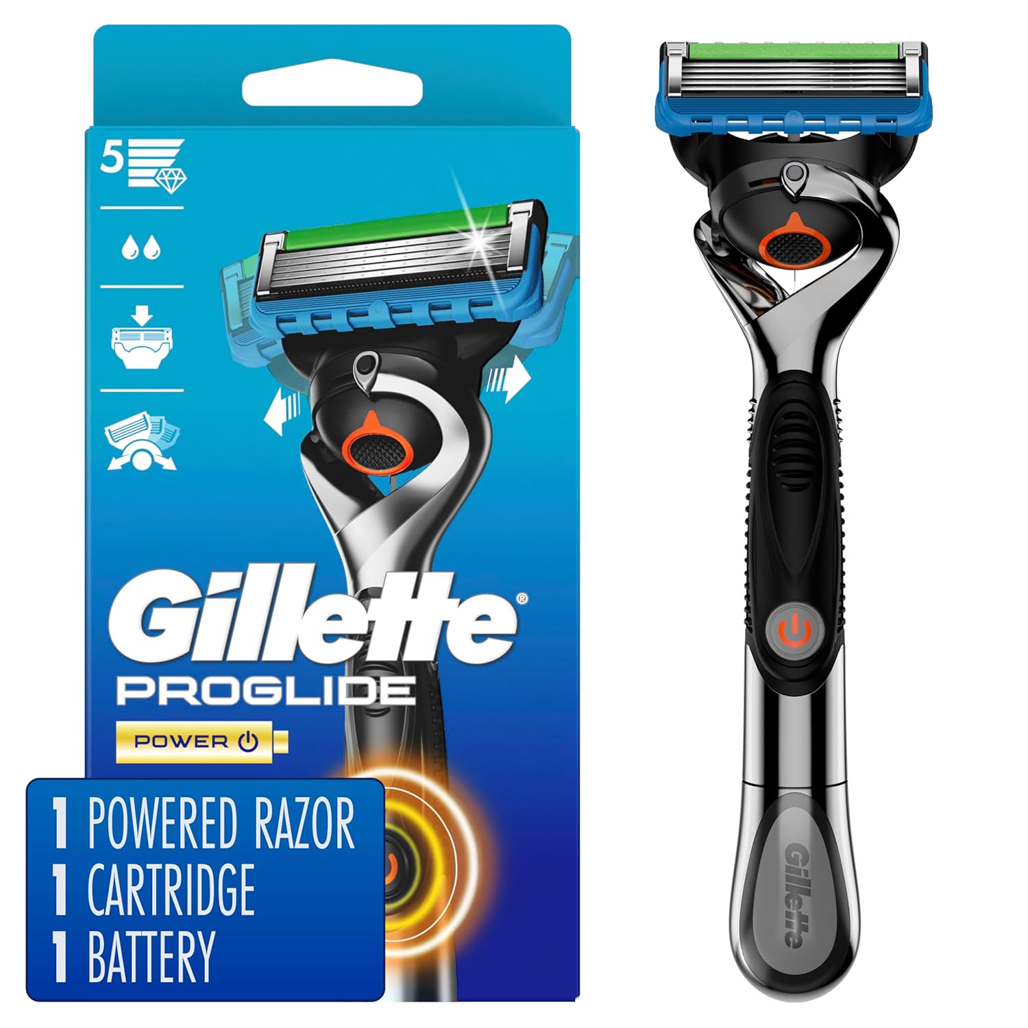 Gillette Proglide Power Razor For Men, 1 Gillette Power Razor Handle + 1 Blade Refill