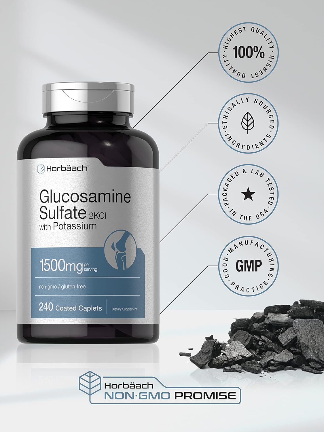 Horbäach Glucosamine Sulfate 1500mg | 240 Caplets | 2KCI with Potassium | Non-GMO and Gluten Free Supplement : Health & Household