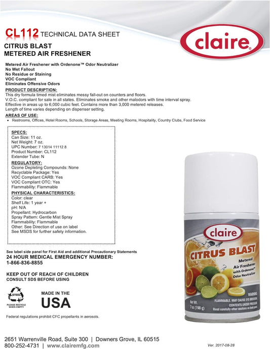 Claire CL112-12pk Citrus Blast Metered Air Freshener; 7 Oz. Net Wt. , 12 Count : Health & Household