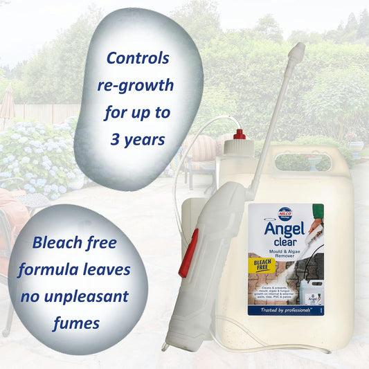 Nilco Angel 5L Clear With Battery Operated Sprayer Mould, Algae, Fungus, Black Spot Remover Bleach Free Controls Re-Growth For Up To 3 Years Internal External Walls, Tiles, Pvc, Patio|Nil052