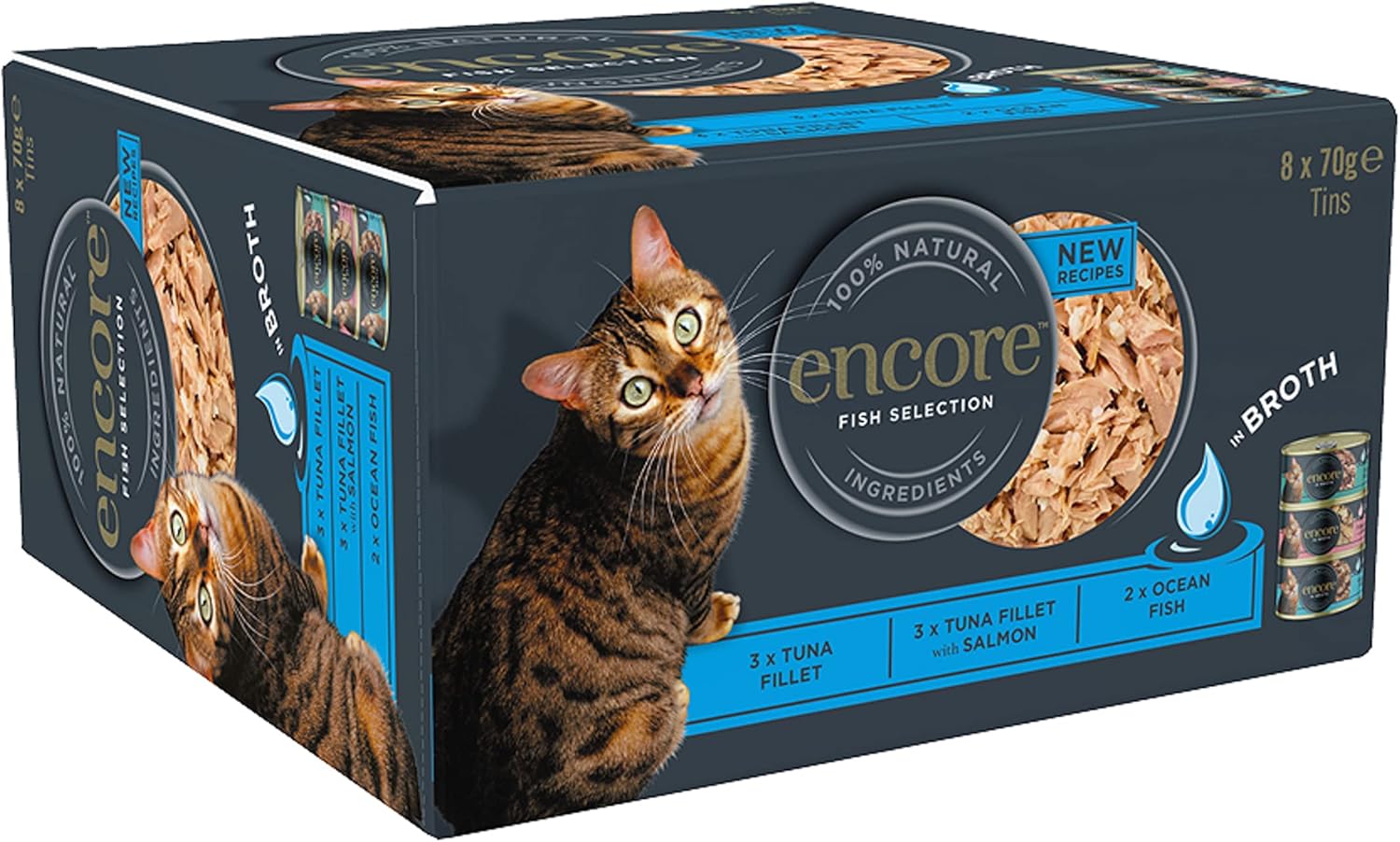 Encore 100% Natural Wet Cat Food, Multipack Fish Selection in Broth 70g Tin for Adult Cats, (8 x 70g Tins)?ENC1108-1EN