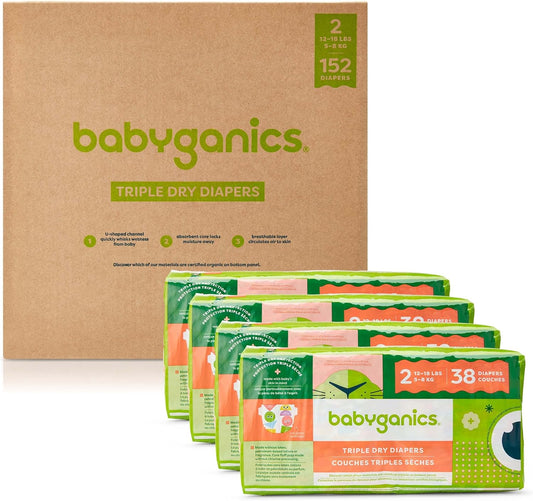 Babyganics Size 2, 152 Count, Absorbent, Breathable, Triple Dry Protection Diapers