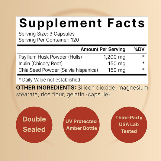 Naturebell Psyllium Husk Capsules 1500Mg Per Serving, 360 Count, With Inulin & Chia Seed –Soluble Fiber For Digestion – Plant Based Herbal Fiber Supplement, Non-Gmo, Gluten Free
