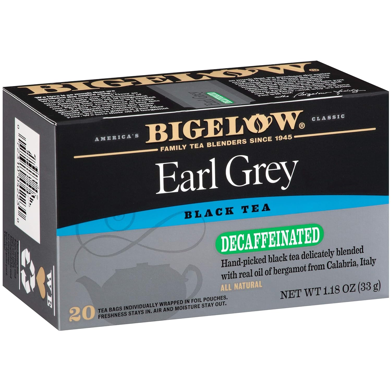 Bigelow Tea Decaffeinated Earl Grey Black Tea, Decaf Tea, 20 Count Box (Pack Of 6), 120 Total Tea Bags