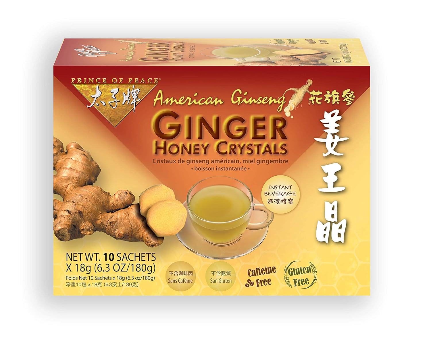 Prince of Peace Instant American Ginseng Ginger Honey Crystals, 10 Sachets ? Instant Hot or Cold Beverage ? Easy to Brew Ginger and Honey Crystals