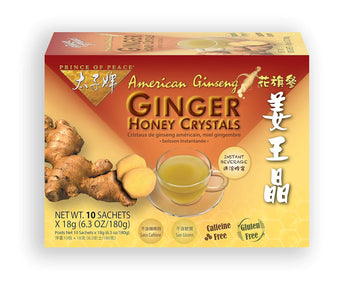Prince of Peace Instant American Ginseng Ginger Honey Crystals, 10 Sachets ? Instant Hot or Cold Beverage ? Easy to Brew Ginger and Honey Crystals