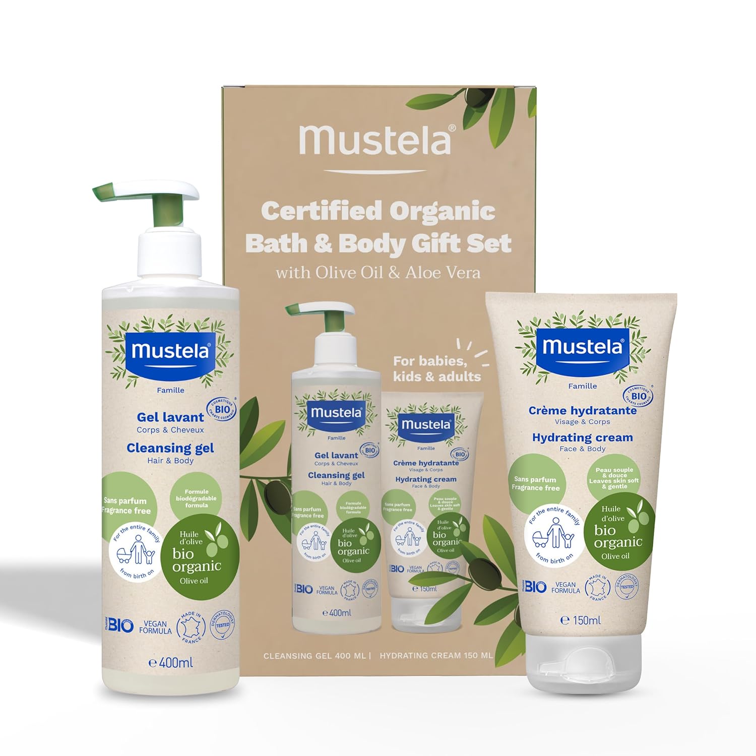 Mustela Certified Organic Bath & Body Gift Set - Fragrance-Free Skin Care Essentials With Olive Oil & Aloe Vera - Contains Cleansing Gel & Hydrating Cream For Baby, Kid & Adult - 2 Items Set