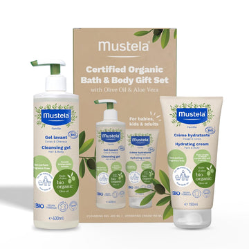 Mustela Certified Organic Bath & Body Gift Set - Fragrance-Free Skin Care Essentials With Olive Oil & Aloe Vera - Contains Cleansing Gel & Hydrating Cream For Baby, Kid & Adult - 2 Items Set