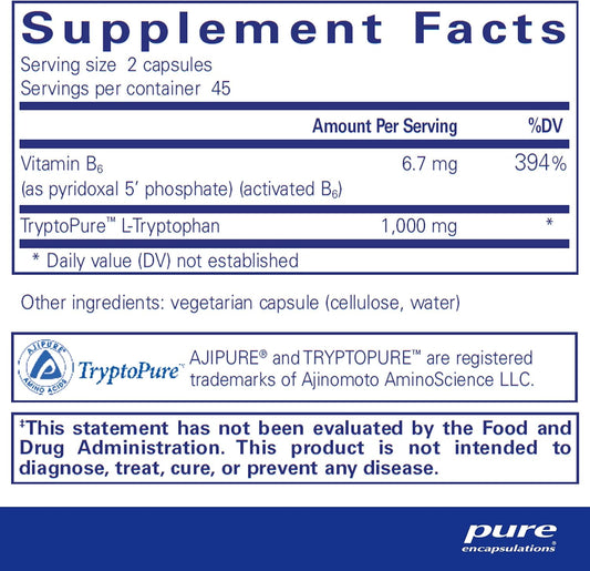 Pure Encapsulations L-Tryptophan | Amino Acid Supplement For Relaxation, Serotonin Support, Pms, And Sleep* | 90 Capsules