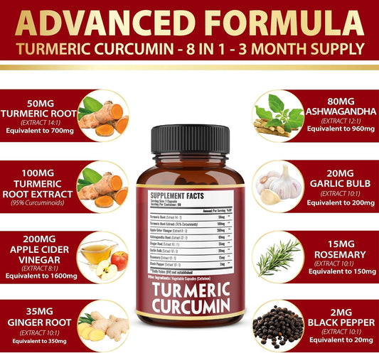 7 In 1 Turmeric Curcumin + Apple Cider Vinegar Capsules, Equivalent To 4080Mg, 3 Month Supply With Ashwagandha, Ginger, Garlic Bulb, 95% Standardized Curcuminoids, Joint & Absorption Support