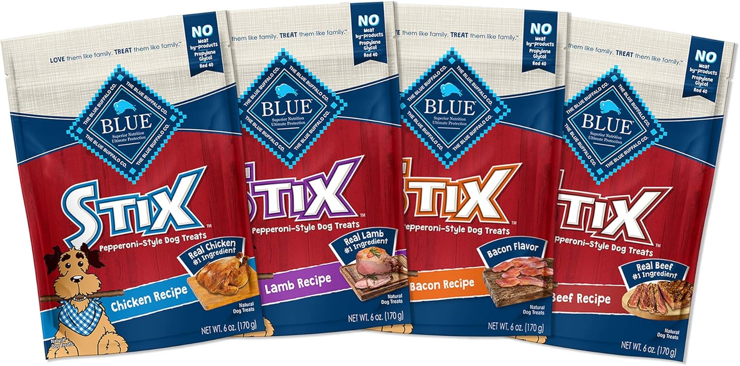 Blue Buffalo Stix Natural Soft-Moist Dog Treats Beef, Bacon, Lamb, and Chicken 6oz Variety Pack, 4ct