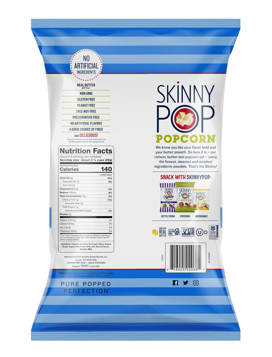 Skinnypop Butter Popcorn, Gluten Free, Non-Gmo, Healthy Popcorn Snacks, Skinny Pop, 4.4Oz Grocery Size Bags (12 Count)