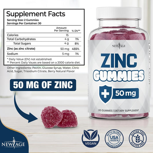 New Age Zinc Gummies - 50Mg High Immune Booster Zinc Supplement, Immune Defense, Powerful Natural Antioxidant, Non-Gmo - By New Age (60 Count (Pack Of 1))
