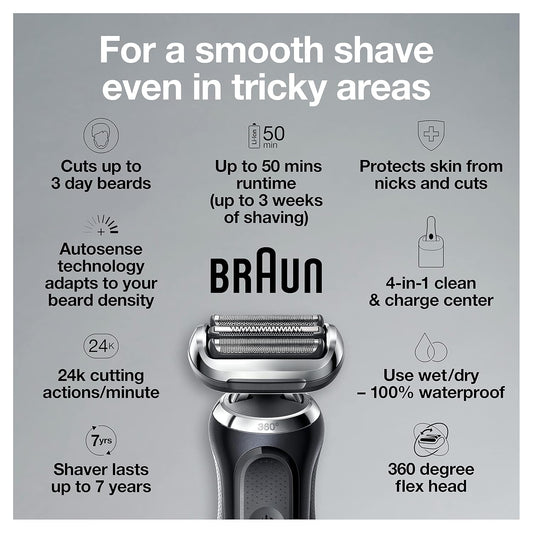 Braun Series 7 7075Cc Electric Razor For Men With Smartcare Center, Beard Trimmer, Wet & Dry, Rechargeable, Cordless Foil Shaver, Black