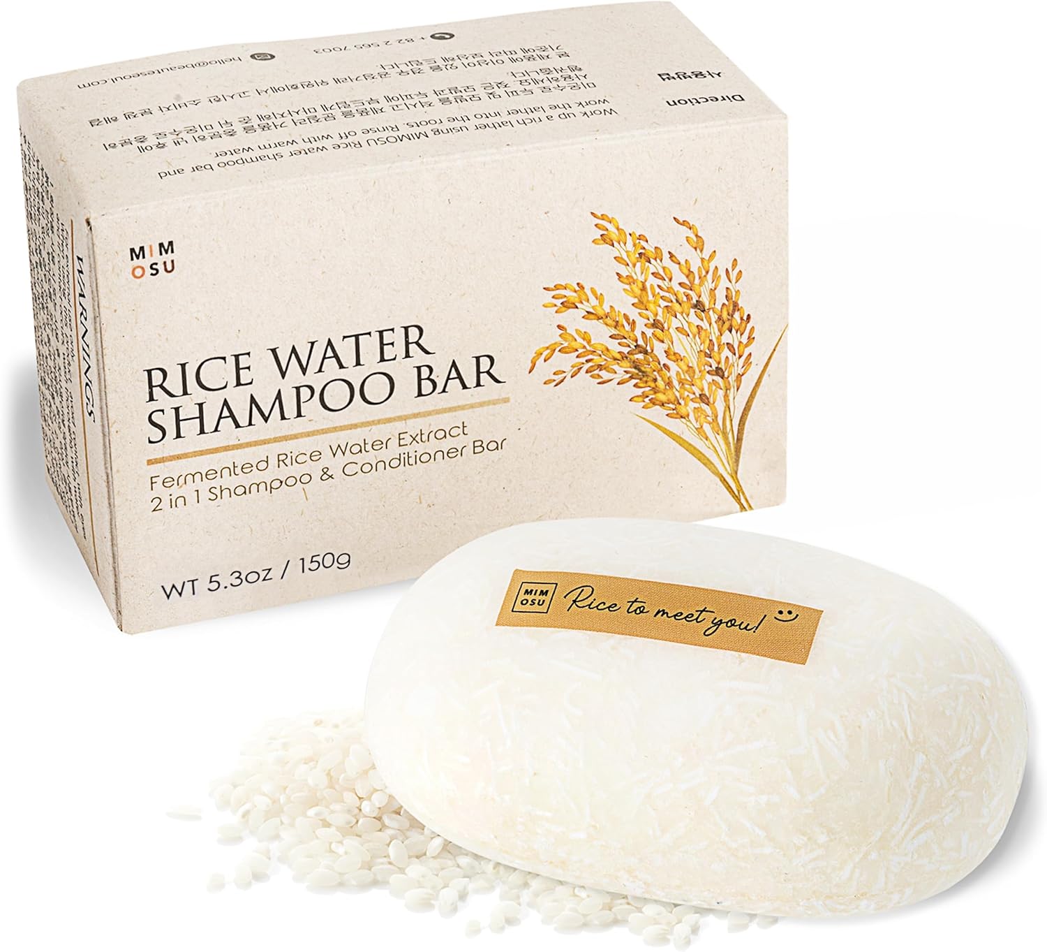 Mimosu Hair Growth Shampoo Bar, Fermented Rice Water 2-In-1 Shampoo & Conditioner, 5Oz, Unscented, Ph Balanced, Solid Bar For Oily Hair, Korean Hair Care