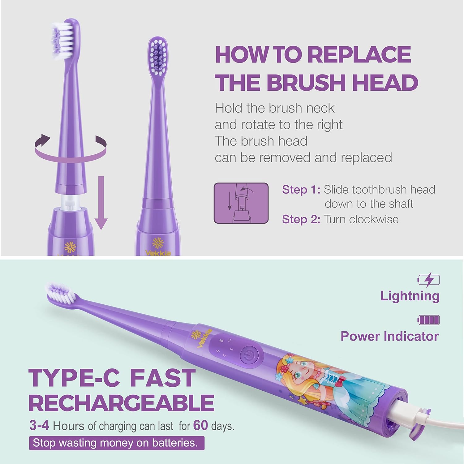 Vekkia Sonic Rechargeable Kids Electric Toothbrush, 3 Modes with Memory, Fun & Easy Cleaning, 24000 Strokes, IPX7 Waterproof, 2-Min Timer for Age 3+, 4 Soft Bristles(Purple) : Health & Household