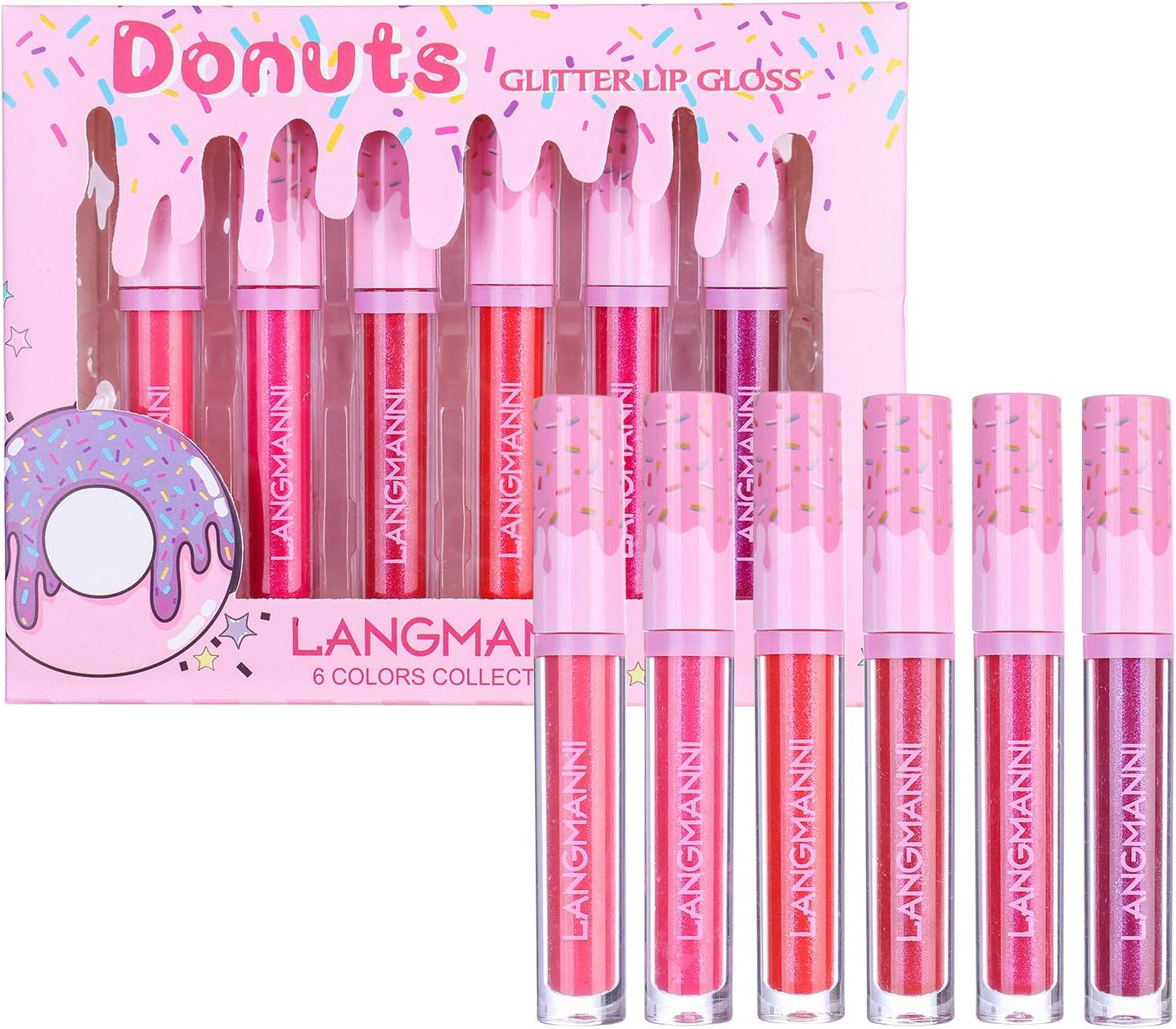 6Pcs/Set Donut Glitter Lip Gloss Shiny Diamond Liquid Lipstick High Coloring Metallic Waterproof Moisturizing Brighten Lip Color Lip Stains Tints Cosmetic Makeup Product