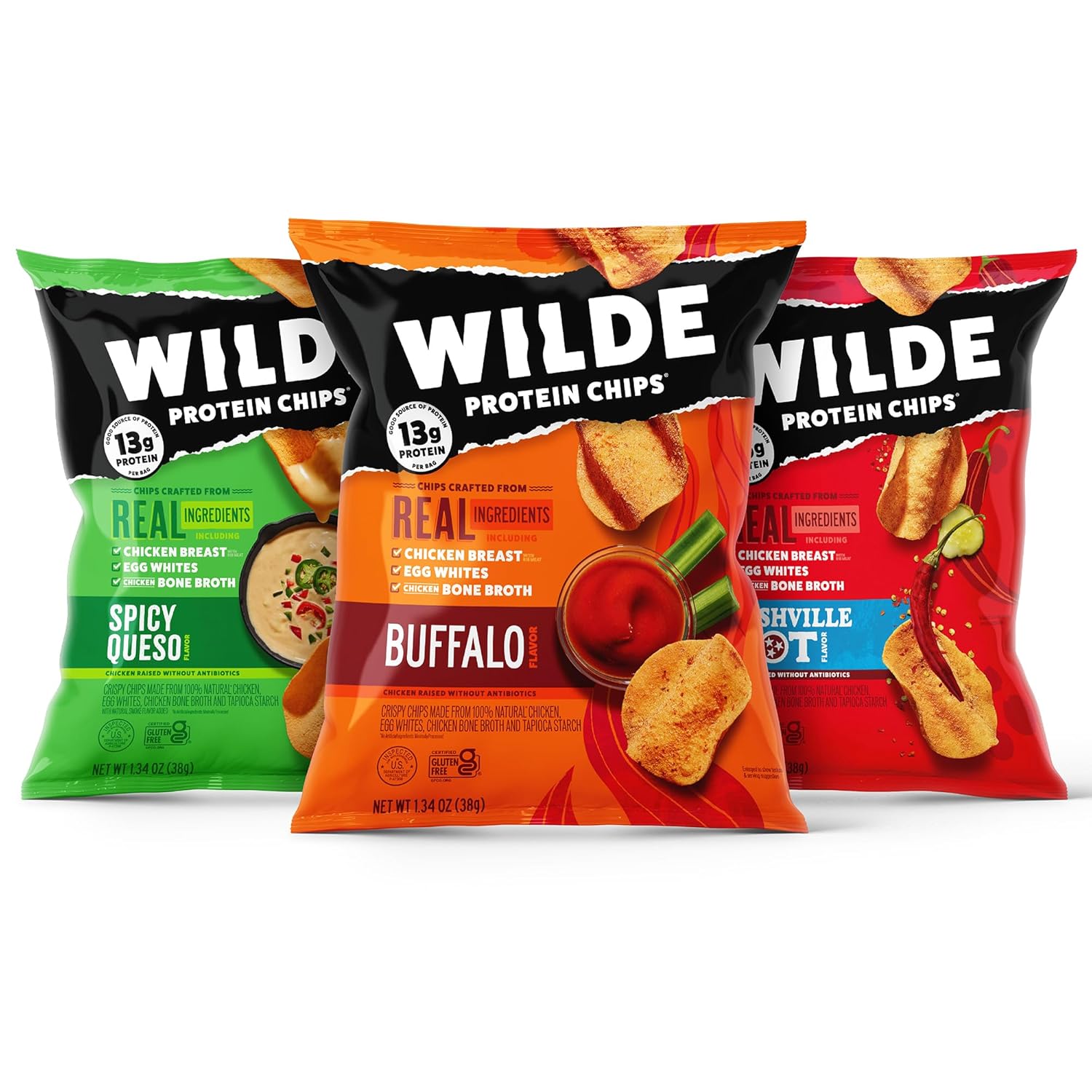 Wilde Spicy Protein Chips Variety Pack, Buffalo, Spicy Queso, Nashville Hot, Thin And Crispy, Protein Snack, Keto Chips, Made With Real Ingredients, 1.34Oz Bags (Pack Of 12)…