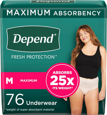 Depend Fresh Protection Adult Incontinence & Postpartum Bladder Leak Underwear For Women, Disposable, Maximum, Medium, Blush, 76 Count (2 Packs Of 38), Packaging May Vary