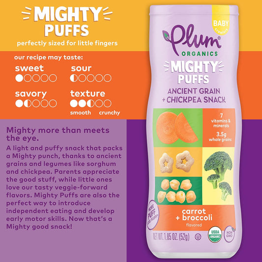 Plum Organics Mighty Puffs Organic Baby Food - Carrot And Broccoli - 1.85 Oz Canister - Ancient Grains And Chickpea Snacks