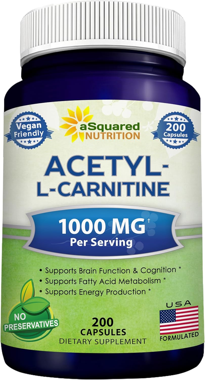 Asquared Nutrition Acetyl L-Carnitine 1000Mg Max Strength - 200 Veggie Capsules - High Dosage Acetyl L Carnitine Hcl (Alcar) Supplement Pills To Support Pure Energy, Brain Function & Fatty Acid