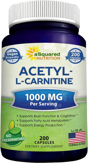 Asquared Nutrition Acetyl L-Carnitine 1000Mg Max Strength - 200 Veggie Capsules - High Dosage Acetyl L Carnitine Hcl (Alcar) Supplement Pills To Support Pure Energy, Brain Function & Fatty Acid