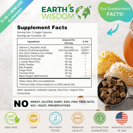 Vitamin D3 5000 Iu Vitamin C 1000Mg Zinc 50Mg - Immune Support Supplement Adults With Elderberry Echinacea Garlic Lysine Turmeric Ginger Propolis Pepper Gluten Free 60 Non-Gmo Capsules