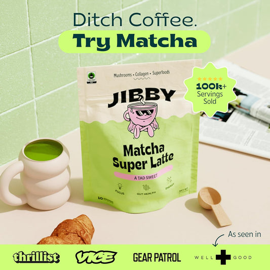 Jibby Mushroom Matcha Super Latte - Ceremonial Grade Green Tea Organic Matcha, Collagen, Mct Oil, Superfood Mushrooms, Latte Collagen Powder (A Tad Sweet, 10 Servings)