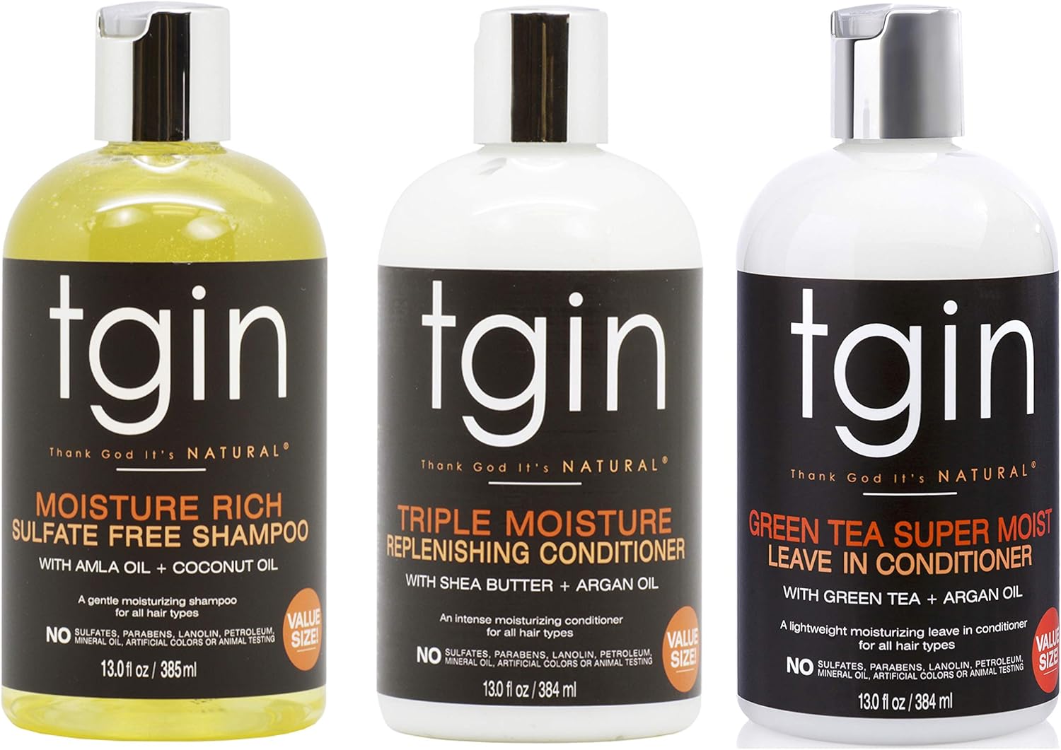 Tgin Moisture Rich Sulfate Free Shampoo, Triple Moisture Replenishing Conditioner & Green Tea Super Moist Leave-In Conditioner Set - Moisturizing, Detangle