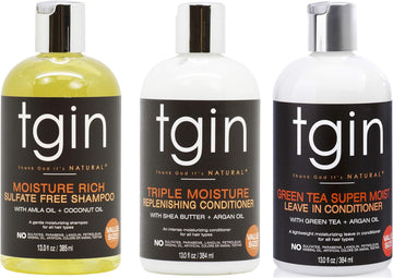 Tgin Moisture Rich Sulfate Free Shampoo, Triple Moisture Replenishing Conditioner & Green Tea Super Moist Leave-In Conditioner Set - Moisturizing, Detangle