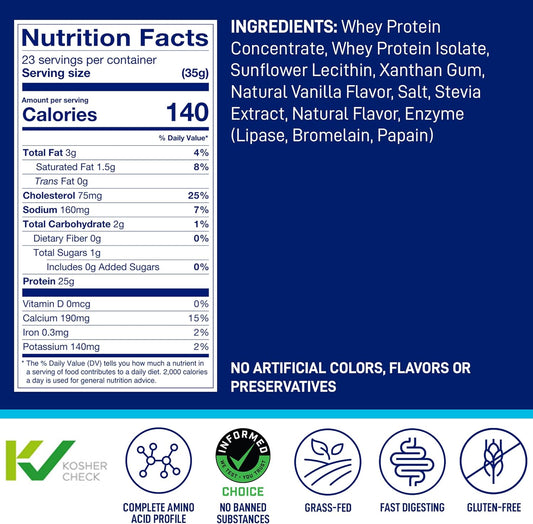 LeanFit WHEY Protein Natural Vanilla ? 100% Whey Protein Powder, 25g P