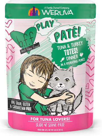 Weruva B.F.F. Play - Best Feline Friend Paté Lovers, Aw Yeah!, Tuna & Turkey Totes! With Tuna & Turkey, 3Oz Pouch (Pack Of 12)