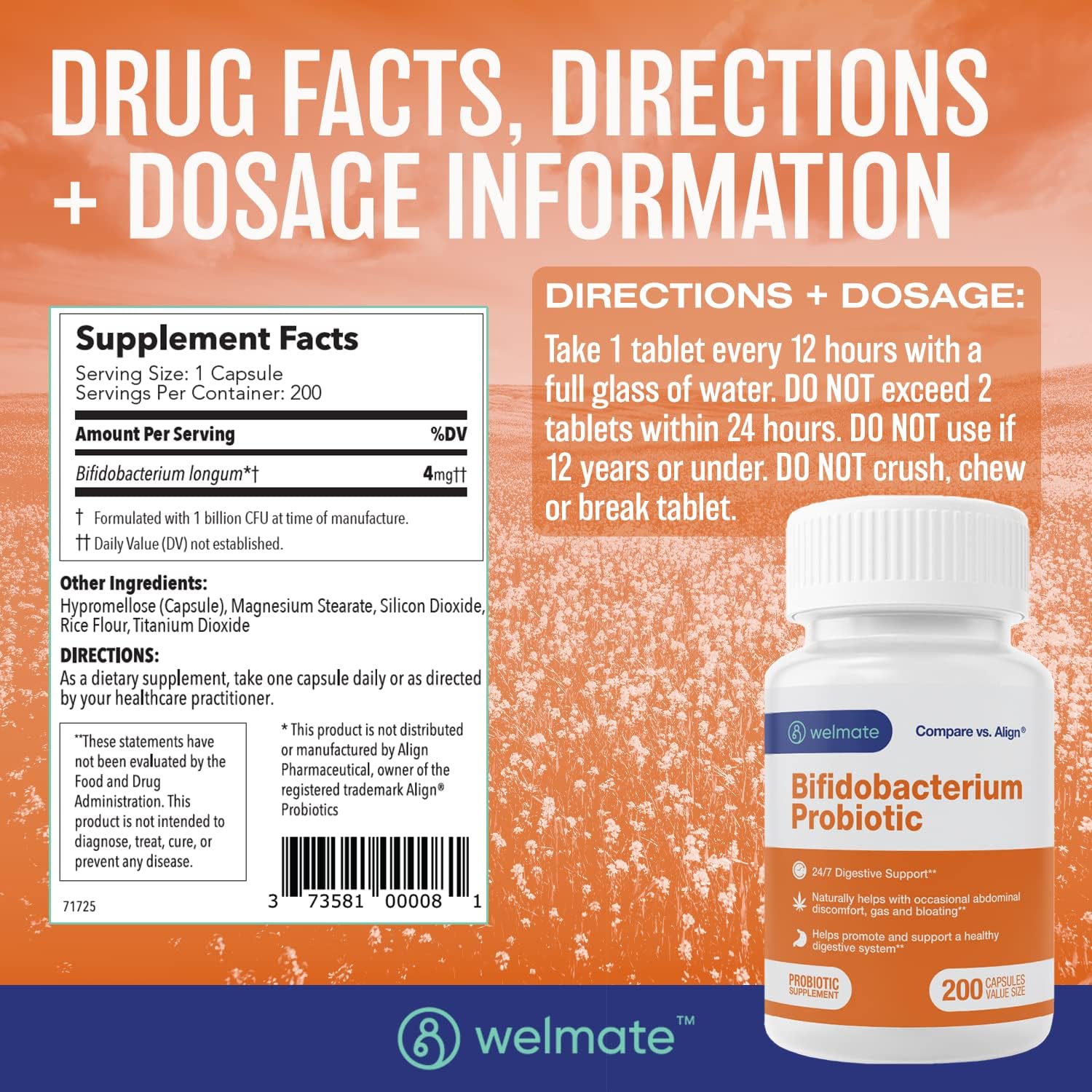 WELMATE Bifidobacterium | Probiotic Supplement | Supports Gut Health | Immune Support | Digestive Enzymes | Gluten Free | Vegan | Men & Womens Probiotic | Value Size | 200 Count : Health & Household