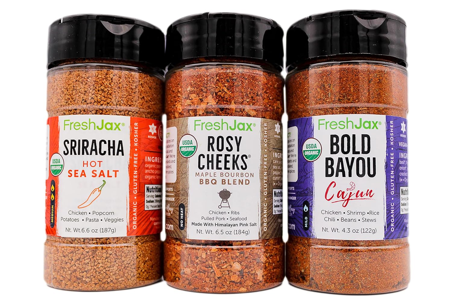 FreshJax Organic Pork Meat Seasoning Gift Set | 3 Large Bottles | Sriracha Salt, Rosy Cheeks Maple Bourbon BBQ Blend, Bold Bayou Cajun Spice | Handcrafted in Jacksonville